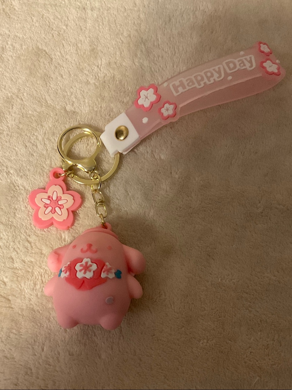Pink Floral Silicone Character Keychain Wrist Strap - Happy Day